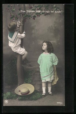Photo Postcard NPG No. 1209/2: Boy climbs a tree to pick cherries 