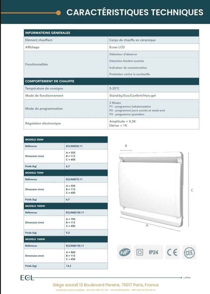 radiateur électrique à inertie Sèche 500w - Immagine 3 di 3