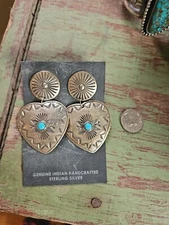 Sterling silver concho earrings turquoise Native American Indian Repousse Heart