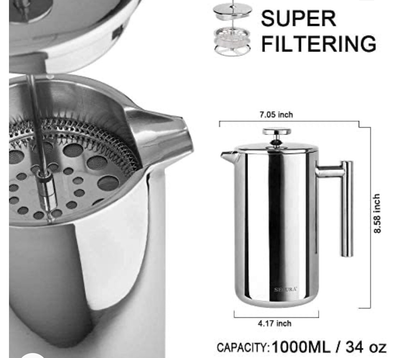 X  Chef Coffee Press Stainless Steel 34oz Insulated Heavy Duty New In Box