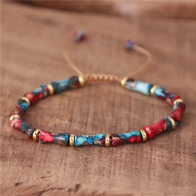 Natural Rainbow Jasper Stone Braided Bracelet Sea Sediment Gemstone Bracelet