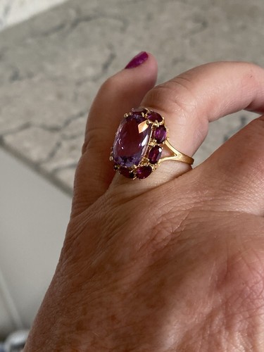 Gold Vermeil Sterling Radiant Pink Amethyst & Oval Rhodolite Garnet Ring - Picture 6 of 19