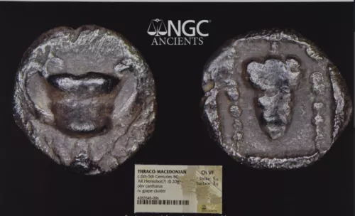 NGC Greek Hemiobol, THRACE-MACEDONIA, Kantharos & Grapes, 6th-5th Cent BC, Ch VF