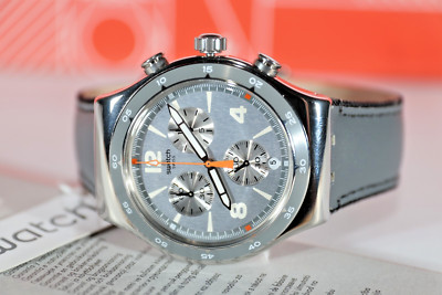 New Swiss Swatch Irony Chrono Last Round Gray Genuine Leather Watch 43mm YVS446