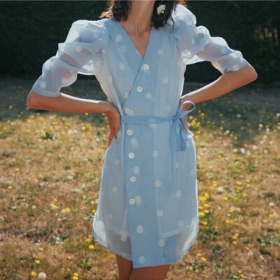 Quanta du Soleil Baby Blue Daisy Floral Button Puff Sleeve Dress 40 L *NO  BELT*
