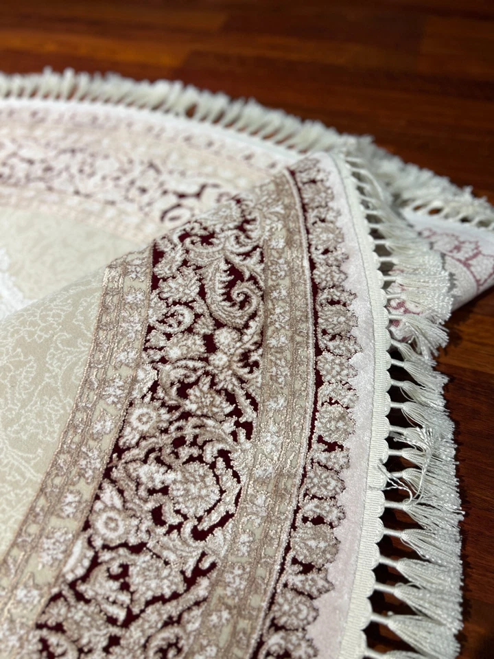 5x5 ft Red Beige Round Bamboo Rug – Vintage Circle Silk Rug for Home Decor - Image 4 of 4