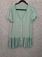 Mini Shift Dress Women's Medium Button Up V-Neck Ruffle Short Sleeve Green NEW