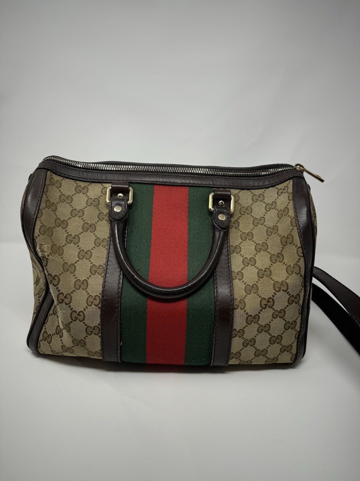 Gucci Beige/Brown GG Canvas and Leather Medium Vintage Web Boston Bag thumbnail 12