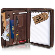 Handmade Real Leather Portfolio, A4 Notepad Document Organiser Zipper Folder
