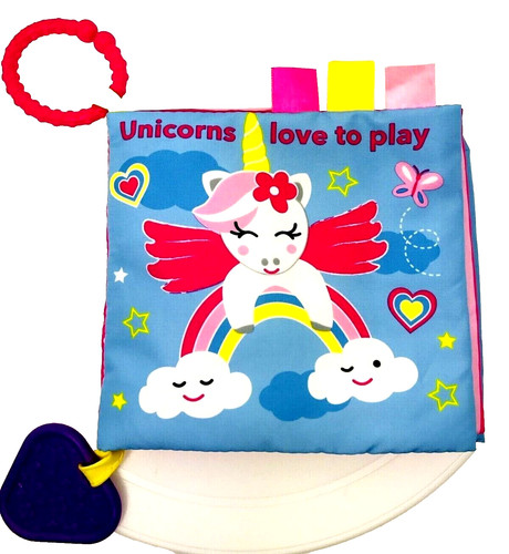Playtex Baby Unicorns Love To Play Poly Cloth Book Clip On Tags Teether Crinkle
