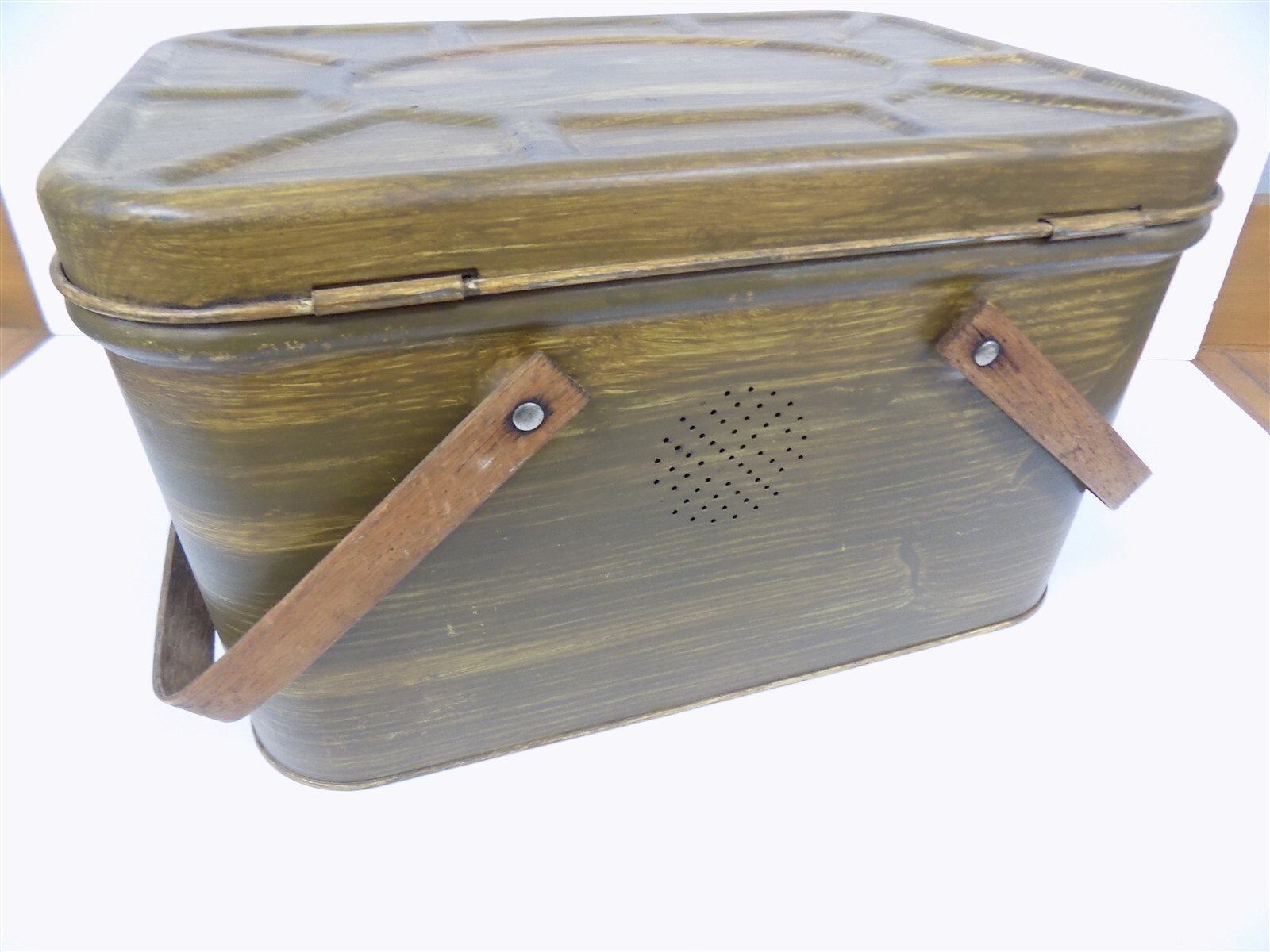 Vintage Brown Metal Picnic Basket with Wooden Handles