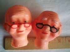 Grandma Granny Grandpa Doll Heads 3 In VTG w Glasses Molded Hair Old Man Woman