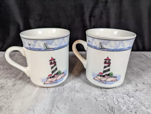 2 Coastal Lighthouse Coffee Cups Nautical Decor Stoneware Mugs Todays Home