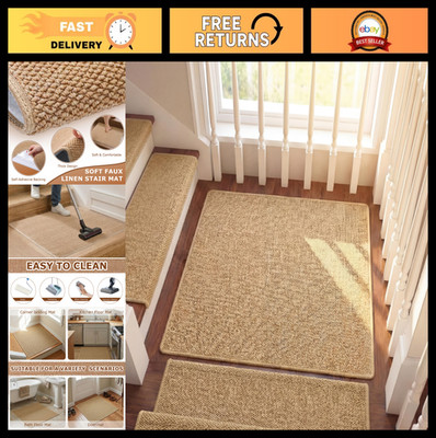 Non-Slip Bullnose Carpet Stair Treads - Washable Indoor Rugs for Wooden Steps (3