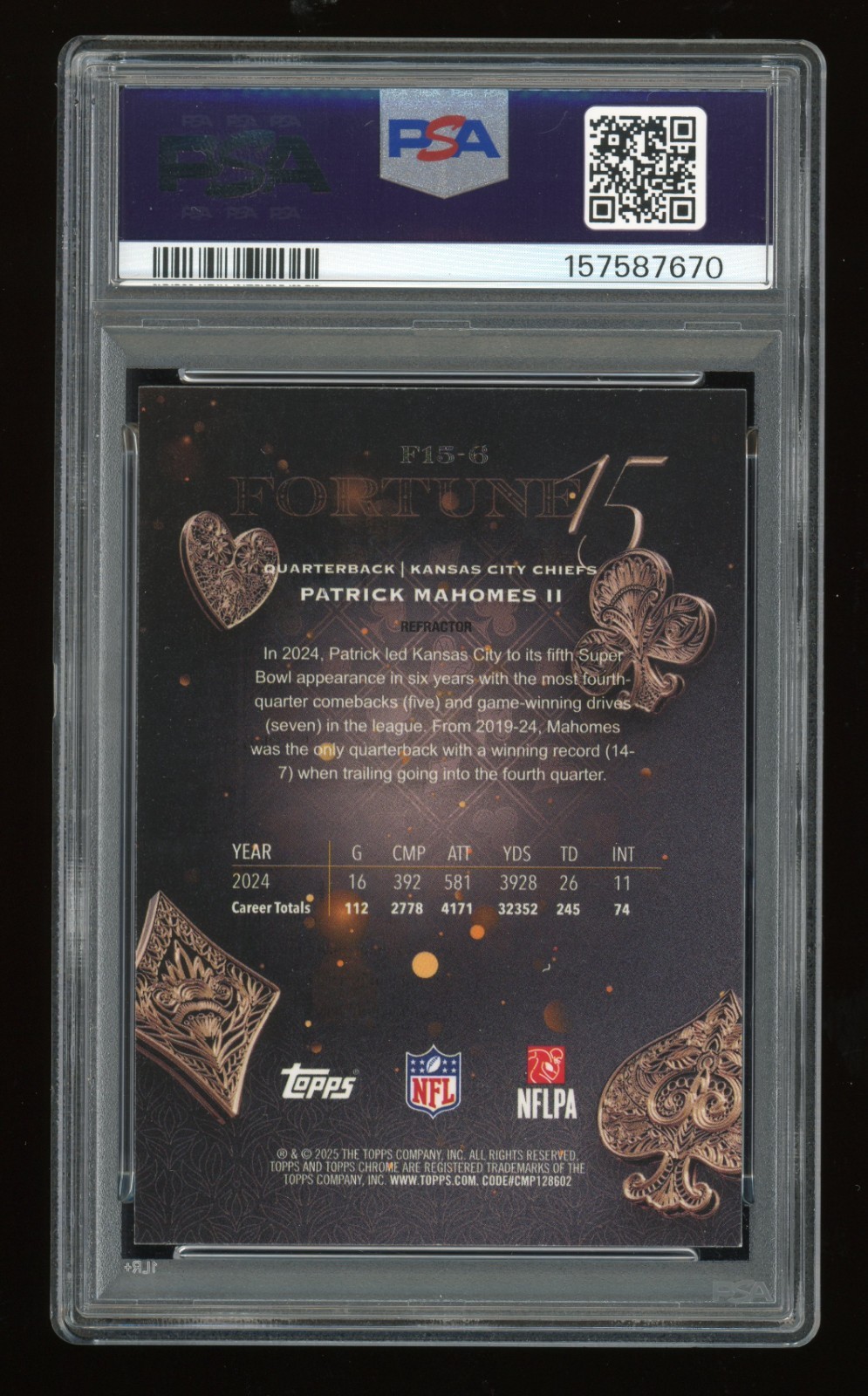 2025 Topps Chrome Football Patrick Mahomes Fortune 15 Refractor Chiefs PSA 8 SP view 2