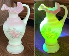 Fenton Burmese Uranium Art Glass Vase w/Ruffle Rim & Handle Hand Painted Roses