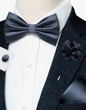 Charcoal Bow Tie for Men Silk Blend and Pocket Square with Lapel Pin Cufflinks