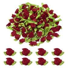 100 Pcs Mini Ribbon Roses Flowers Bows for Crafts, 15mm/0.6" Dia, Wine Red