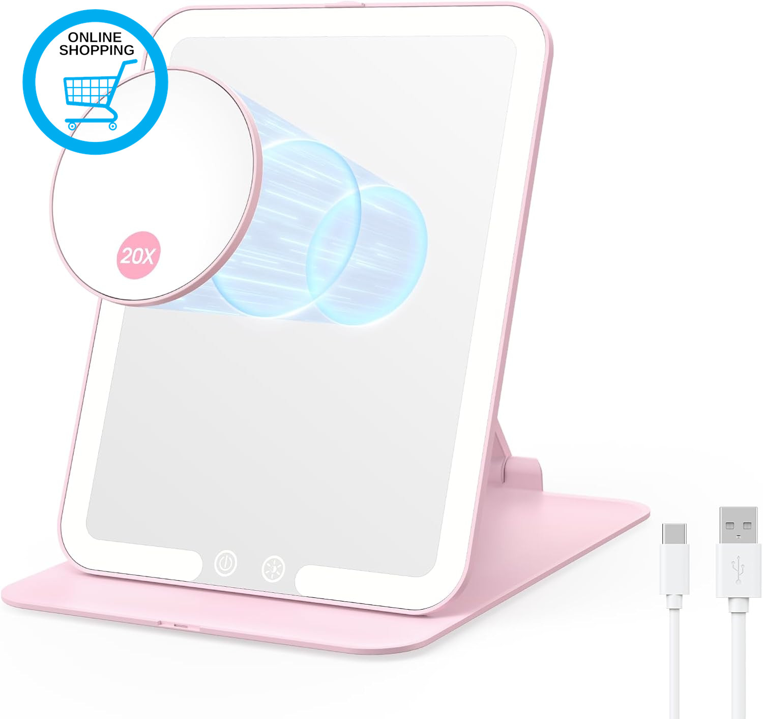 Foldable Travel Makeup Mirror with Lights and 20X Magnification, Rechargeable Ta
