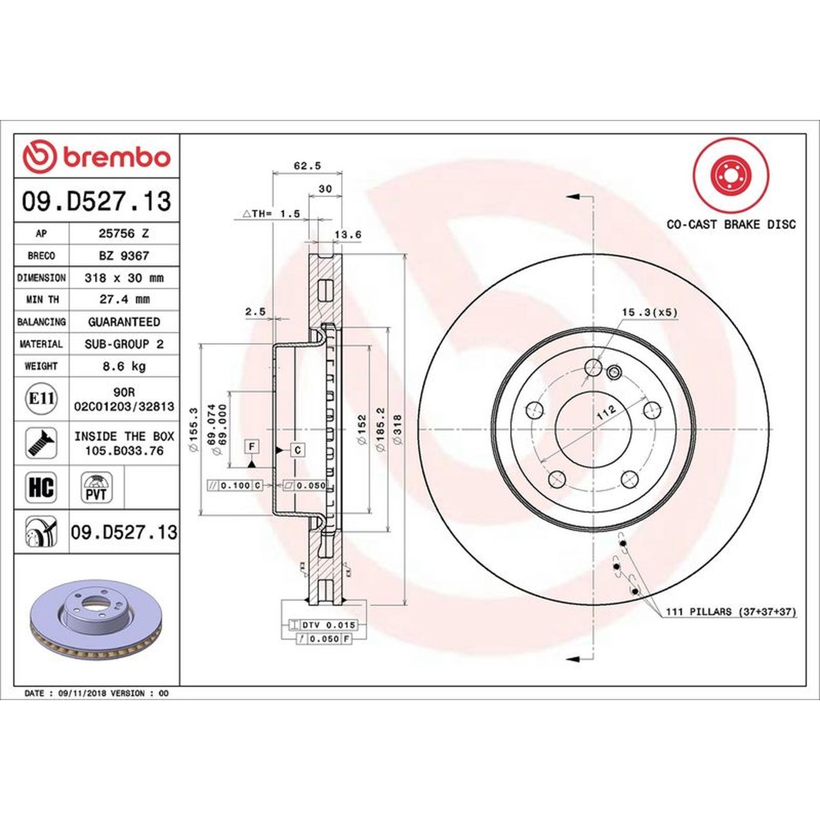 Brembo Prime Line Co-Cast Vented Two-Piece Brake Disc Pair - 09.D527.13