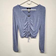 Just Polly Top Women’s Ruched Crop Top Size Medium Blue Made In USA NWT