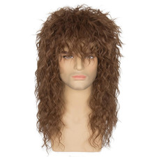 Miss U Hair Long Curly Brown 80S Rocker Wig for Men Women Hair Band Heavy Metal