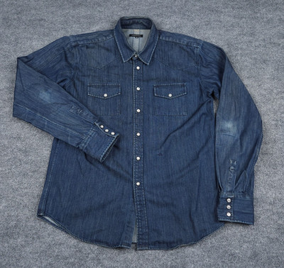 Surface to Air Denim Chambray Shirt Men's Medium Blue Heavy Thick Pearl Snap WOW