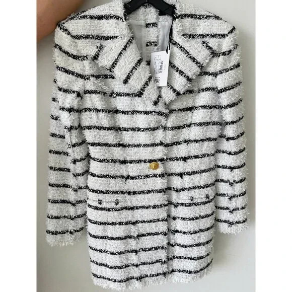 NEW WITH TAGS!!! BALMAIN Striped Tweed Minidress WHITE/BLACK Size 40FR 8US