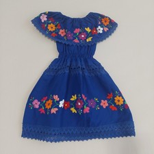 Blue Traditional Mexican Artisan Embroidered Floral Dress For Toddler Girl 2T-3T