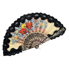 Hand Painted Flamenco Abanico Spanish Folding Fan Floral Black Lace Floral 9in