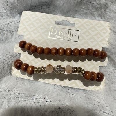 D'Bello Brown & Gold Beaded Stackable Charm Bracelet with Wood & Dangle Charms