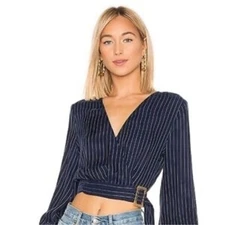 L'Academie Pinstripe Wrap Top Blouse Long Sleeve Buckle Detail Size M