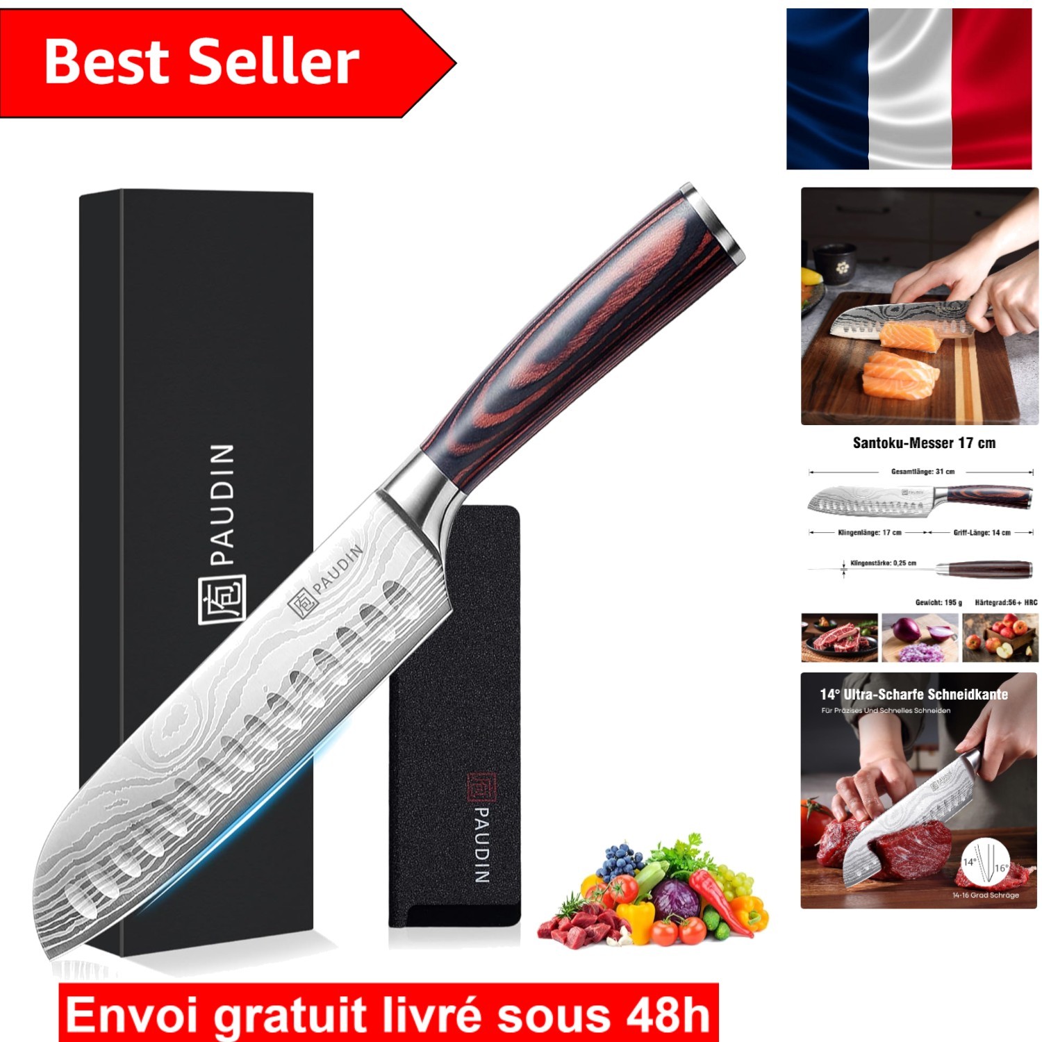 Couteau de chef 17 cm en acier allemand et son manche ergonomique