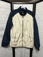 Nautica Men’s Bomber Jacket Size L Beige Navy Fleece Lined Full Zip Outdoor Coat