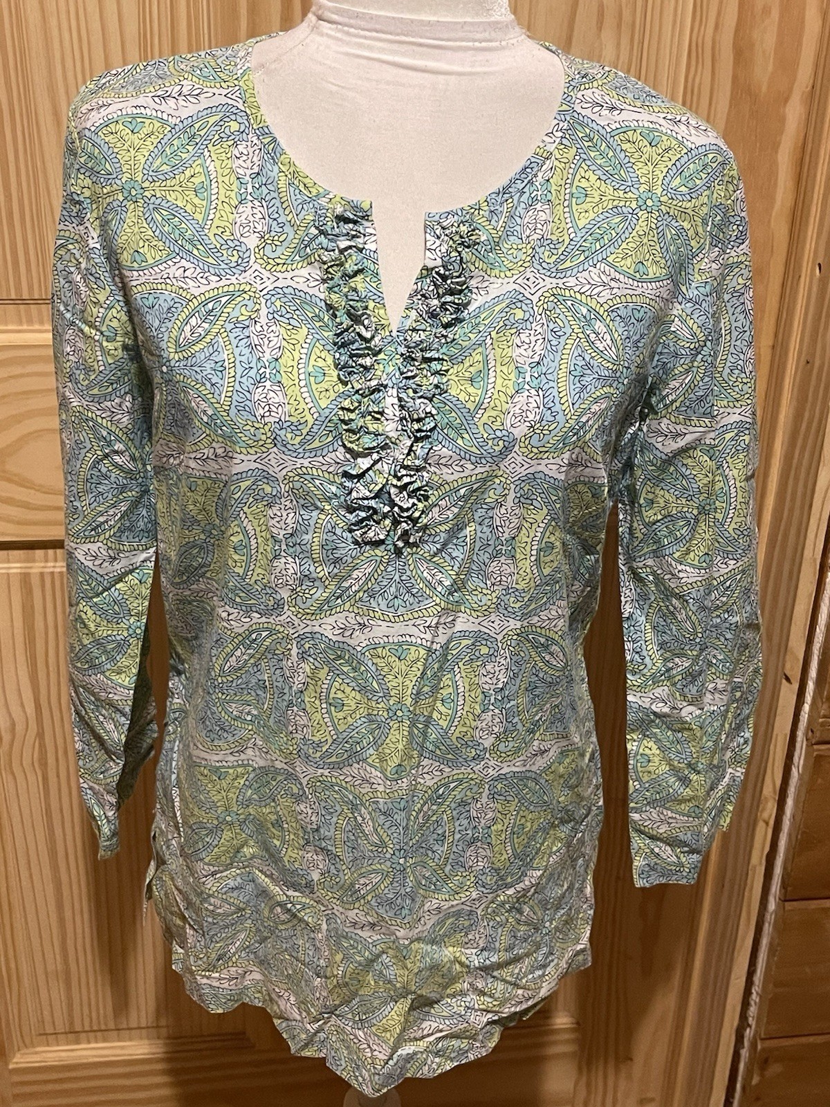 J. McLaughlin Cotton MultiColor Ruffle Split Neck… - image 1