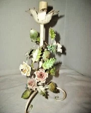 Antique French Porcelain Roses Lamp Base Tole Candle Holder Creamy Cottagecore