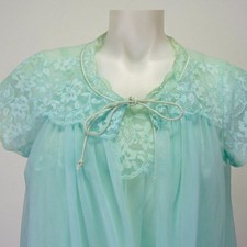 Vintage 1960s Van Raalte Aqua Chiffon Peignoir Set Lace Robe Nightgown Small