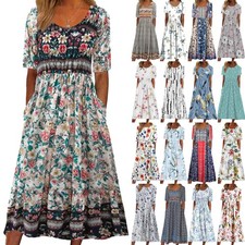 Womens Short Sleeve Boho Loose Ladies Holiday Floral Swing Midi Dress PLUS SIZE