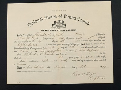 1892 antique NATIONAL GUARD PA DISCHARGE Co C conshohocken CHARLES R SMITH royer