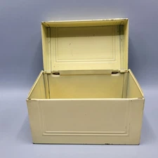 Vintage Cream Metal Hinged Tin Box Storage Container Retro Style 3.5" T 5.25" W