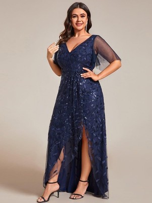 Ever Pretty ALIX Short Sleeves Sequin High Low V-Neck Midi Formal Evening Dress