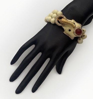 Vintage Ciner Elephant Bracelet Ivory Beads Red Cabochon Gold Tone Rhinestone