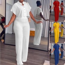 Women's 2 Pcs Outfits Tracksuit Button Down Crop Top Wide Leg Long Pant Sets