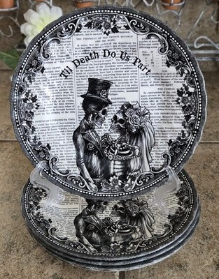 Royal Wessex England Gothic Sugar Skull Couple Til Dealth Do Us Part Plates (4)