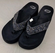 Academy Brand Black Beaded Platform Wedge Flip Flops Thongs women's size 7