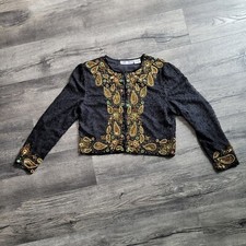 Night Vogue Vintage Evening Jacket Womens S Black Beaded Bejeweled Silk Jacket