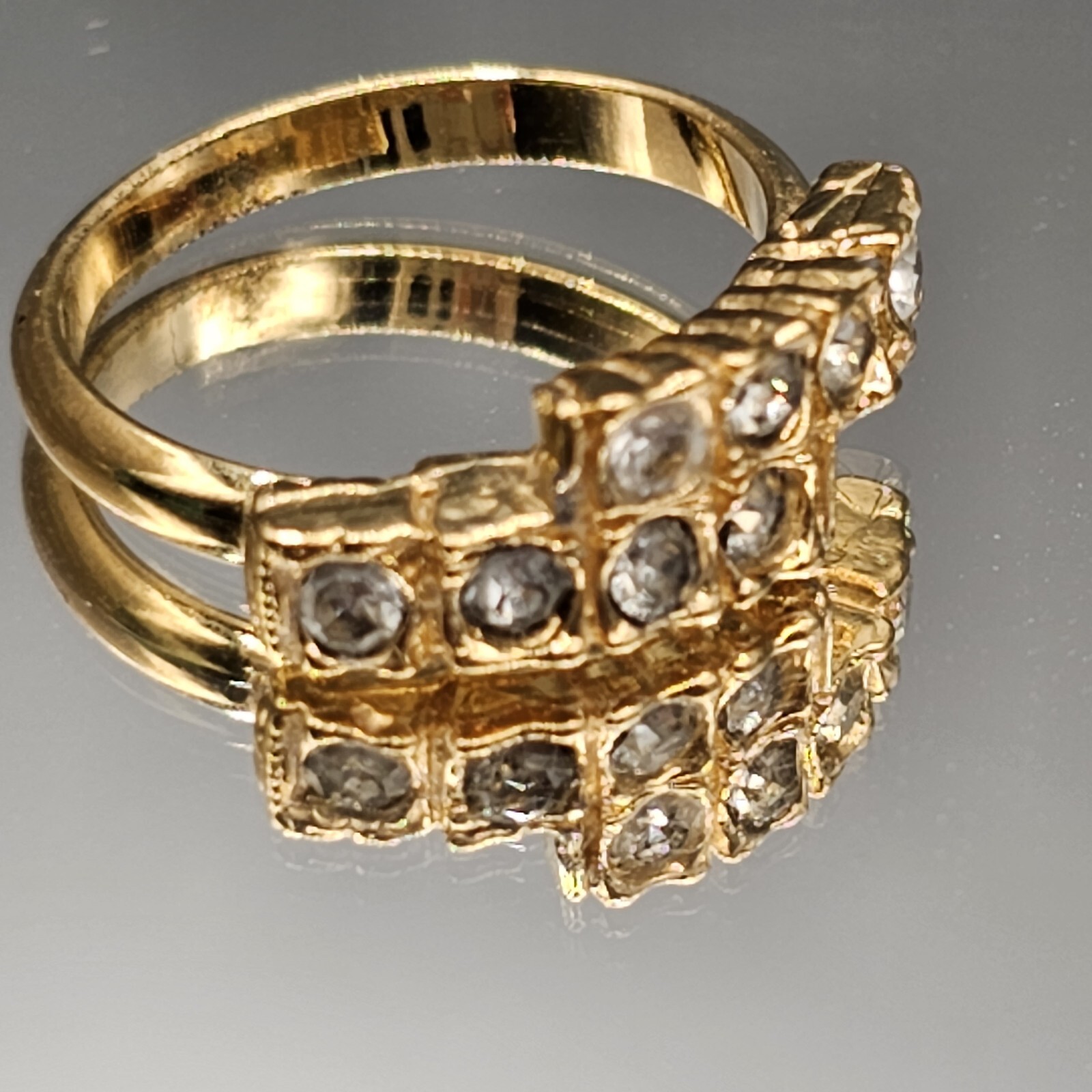 Rhinestone Bypass Ring Gold Tone Stackable Geomet… - image 4