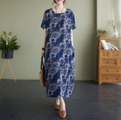 Womens Fashion Summer Retro Round Collar Short Sleeve Flowers A-line Dress  Maxi | eBay