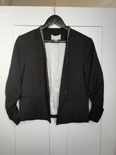 HM Short Smart Elegant Black Blazer Jacket Beaded Trim Ruched sleeve UK14 VGC