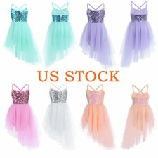 Girls Sequined Asymmetric Ballet Tutu Dress Kids Camisole Leotard Dance Skirt